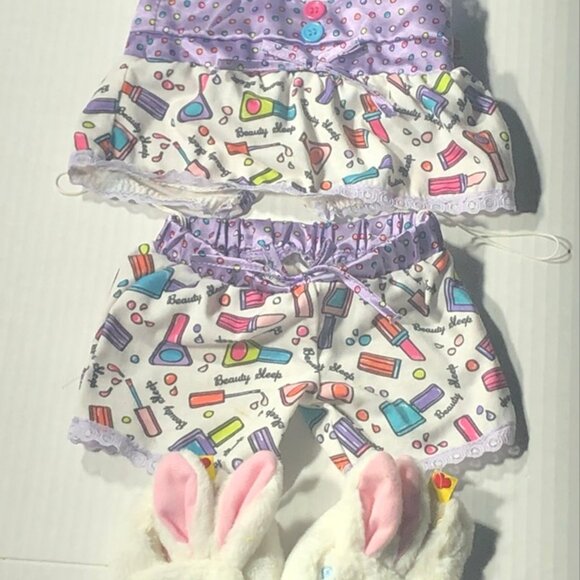 Build-A-Bear Pajama Set "Beauty Sleep" Top Shorts Bunny Slippers Purple/White OS - Picture 4 of 9